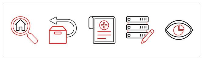 A set of 5 mix icons as home search, forward box, medical reports in red line color vector