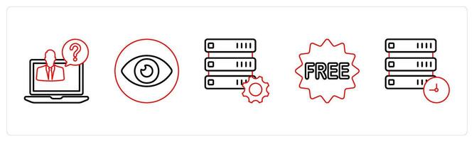 A set of 5 mix icons as help, vision, server setting in red line color vector