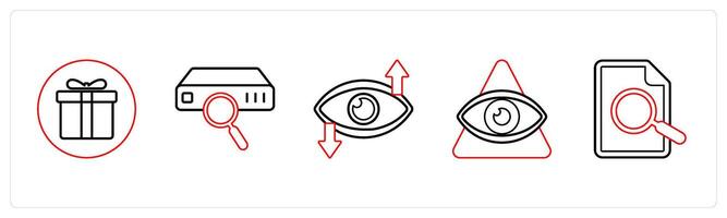 A set of 5 mix icons as present, search drive, vision in red line color vector