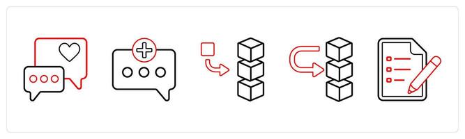 A set of 5 mix icons as positive comment, add message, add stack in red line color vector