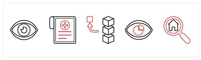 A set of 5 mix icons as vision, medical reports, remove stack in red line color vector