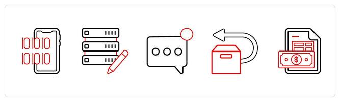 A set of 5 mix icons as programming, edit server, notification in red line color vector
