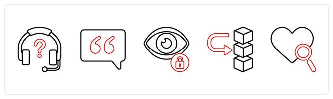 A set of 5 mix icons as help desk, quotes, privacy in red line color vector