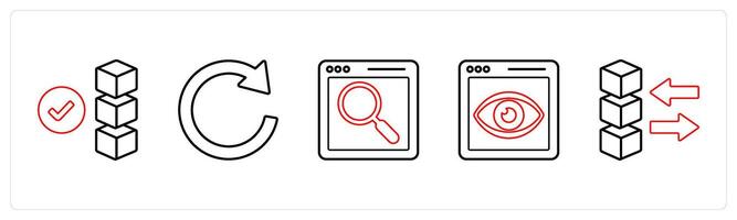 A set of 5 mix icons as verified drive, refresh, web search in red line color vector