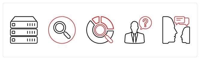 A set of 5 mix icons as server, search, data search in red line color vector