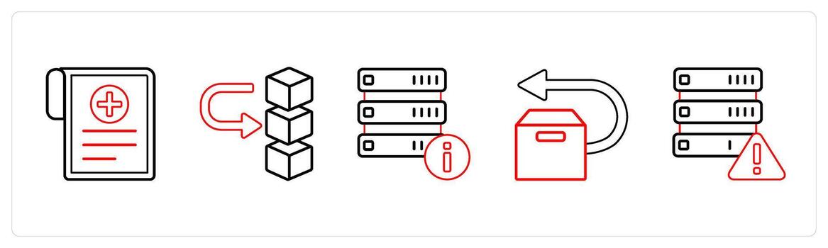 A set of 5 mix icons as medical reports, server, help in red line color vector