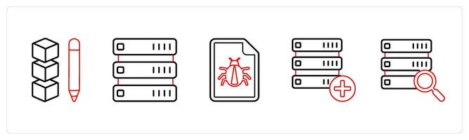 A set of 5 mix icons as edit drive data, server, bug in red line color vector