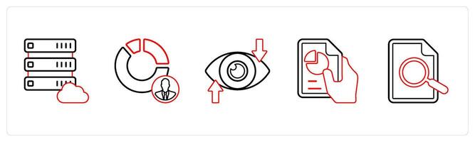 A set of 5 mix icons as cloud drive, marketing manager, vision in red line color vector