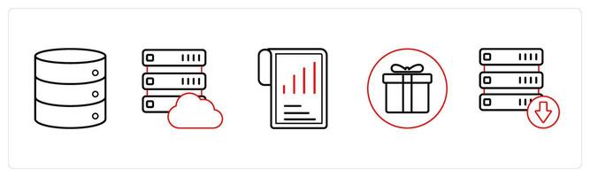 A set of 5 mix icons as drives, cloud drive, performance in red line color vector