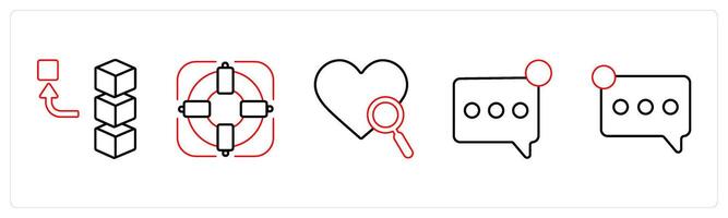 A set of 5 mix icons as remove stack, target, favorite search in red line color vector