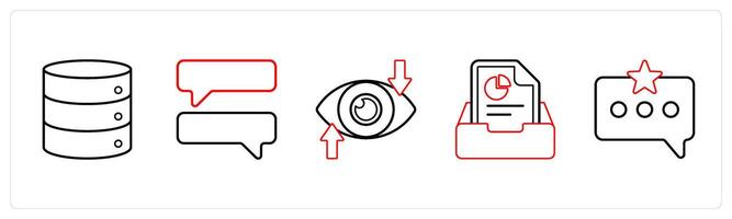 A set of 5 mix icons as drives, chat, vision in red line color vector
