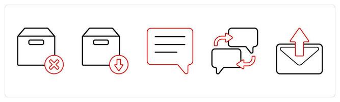 A set of 5 mix icons as delete box, download box, chat in red line color vector