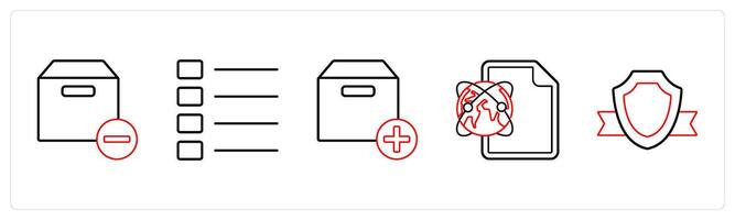 A set of 5 mix icons as remove box, nav menu, add box in red line color vector