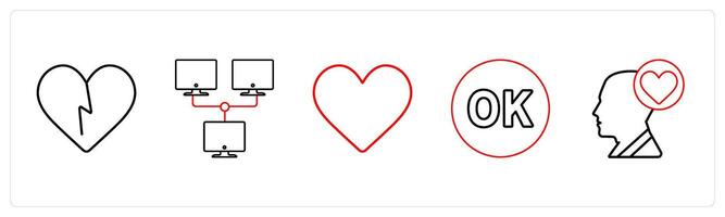 A set of 5 mix icons as heart broken, network, heart in red line color vector