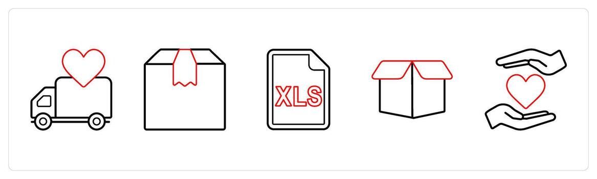 un conjunto de 5 5 mezcla íconos como favorito entrega, parcela, sobresalir sábana en rojo línea color vector