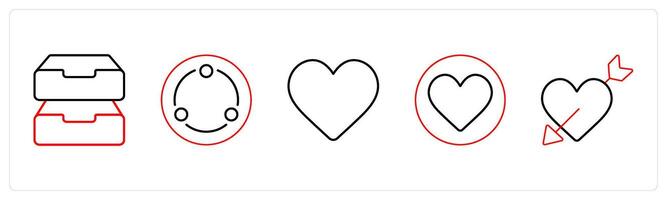 A set of 5 mix icons as drives, network, heart in red line color vector