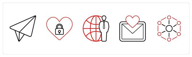 A set of 5 mix icons as message, secret romance, global service in red line color vector