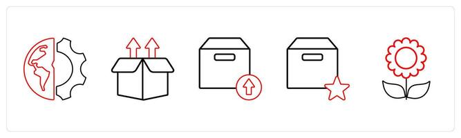 A set of 5 mix icons as global setting, upload box, upload package in red line color vector