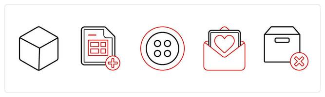 A set of 5 mix icons as box, add sheet, button in red line color vector