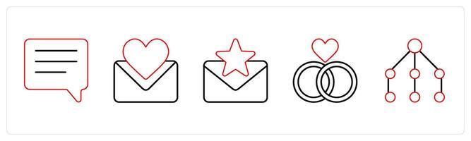 A set of 5 mix icons as chat, favorite message, relationship in red line color vector
