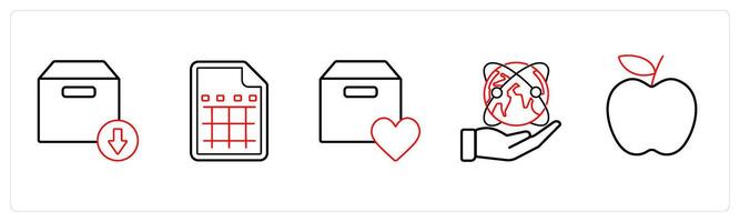 A set of 5 mix icons as download box, excel sheet, favorite box in red line color vector