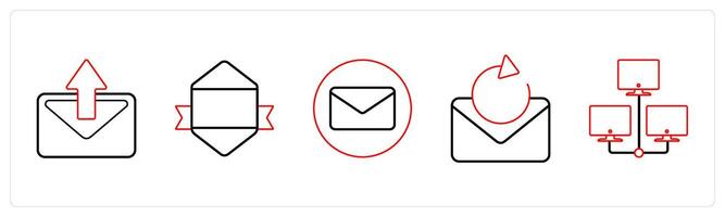 A set of 5 mix icons as forward message, designation, envelope in red line color vector