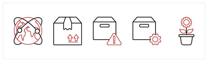 A set of 5 mix icons as global network, forward parcel, box information in red line color vector