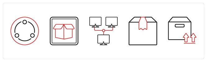 A set of 5 mix icons as network, drop box, parcel in red line color vector