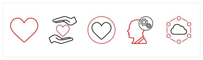 A set of 5 mix icons as heart, favorite, optimization in red line color vector