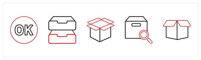 A set of 5 mix icons as ok, drives, box in red line color vector