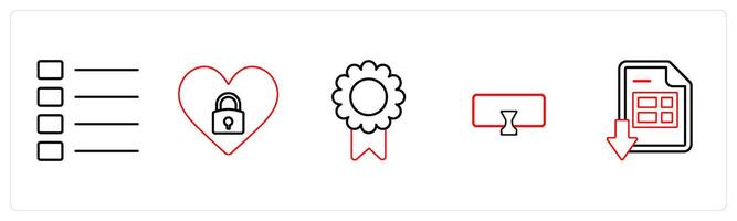 A set of 5 mix icons as nav menu, secret romance, brouche in red line color vector