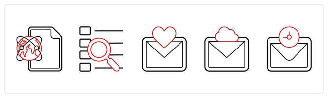 A set of 5 mix icons as global sheet, search menu, favorite message in red line color vector