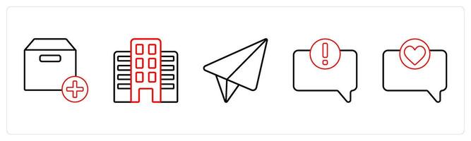 A set of 5 mix icons as add box, building, message, error in comment in red line color vector