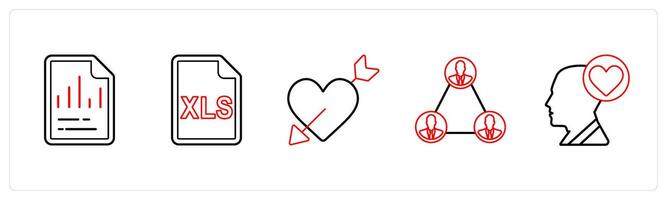 A set of 5 mix icons as graph, excel sheet, falling in love in red line color vector