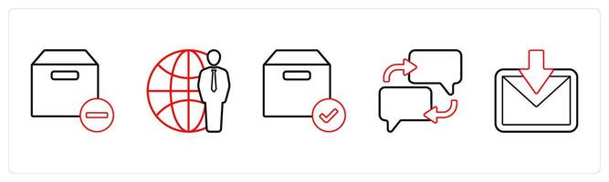 A set of 5 mix icons as remove box, global service, verified box in red line color vector
