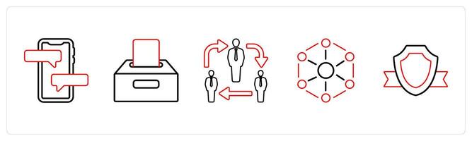 A set of 5 mix icons as chat, save in drive, network in red line color vector