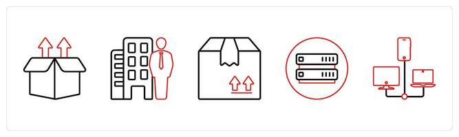 A set of 5 mix icons as upload box, property dealer, forward parcel in red line color vector