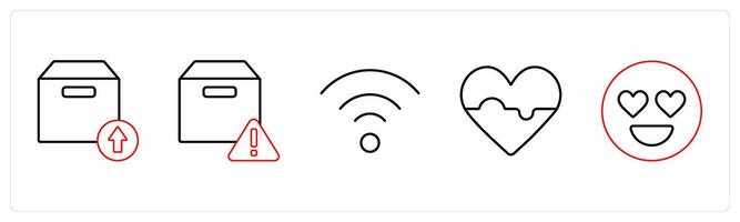 A set of 5 mix icons as upload package, box information, wifi in red line color vector