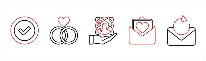 A set of 5 mix icons as verify, relationship, save earth in red line color vector