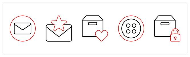 A set of 5 mix icons as envelope, favorite message, favorite box in red line color vector