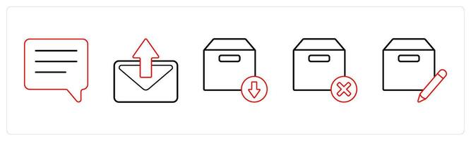 A set of 5 mix icons as chat, forward message, download box in red line color vector