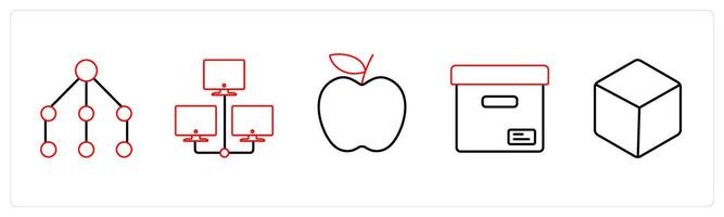 A set of 5 mix icons as network, hosting, apple in red line color vector
