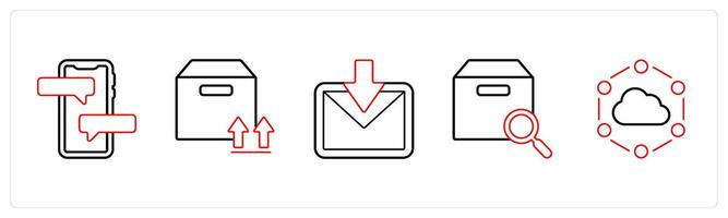 A set of 5 mix icons as chat, upload folder, received mail in red line color vector