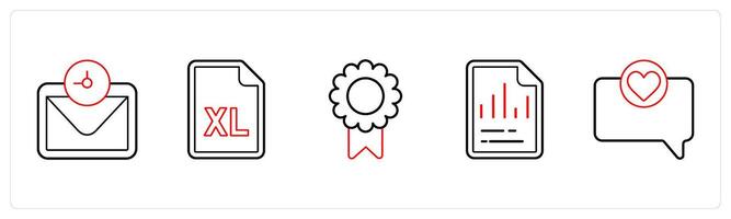 A set of 5 mix icons as mail, excel sheet, brouche in red line color vector