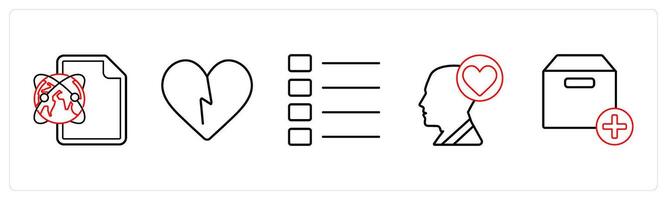A set of 5 mix icons as global sheet, heart broken, nav menu in red line color vector