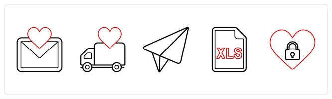 A set of 5 mix icons as favorite message, favorite delivery, message in red line color vector