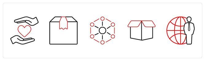 A set of 5 mix icons as favorite, parcel, connection, drop box in red line color vector