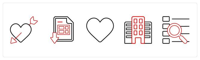 A set of 5 mix icons as falling in love, download excel sheet, heart in red line color vector