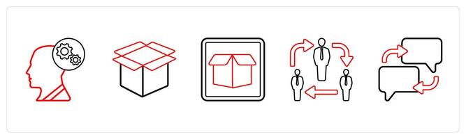 A set of 5 mix icons as optimization, box, drop box in red line color vector