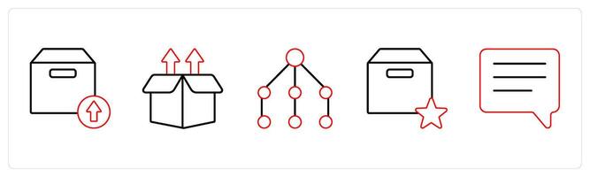 A set of 5 mix icons as upload package, upload box, network in red line color vector